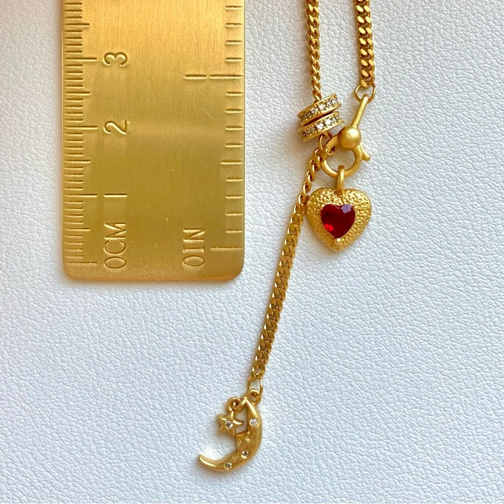 Gold Heart & Moon Pendant Necklace with Red Crystal Accent